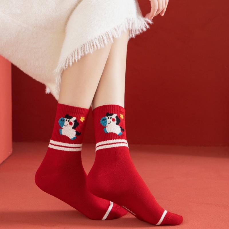 1Pair 2026 Year Of The Horse Red Socks Autumn Winter Warm Mid-Tube Socks Cartoon Pony Socks  Year Party Gifts