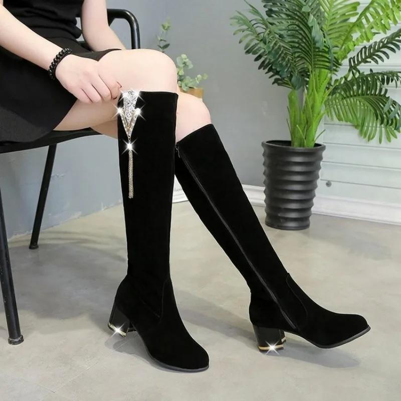 2024 Women High-heeled Shoes Winter New Women's Long Boots 2024 Rhinestone Thick-heeled Knee-high Boot Side Zipper Knight Boot