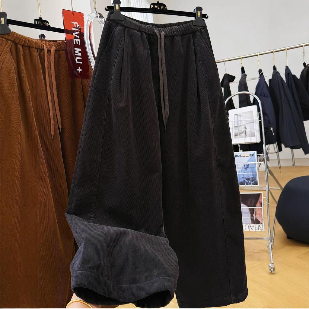 Women's Wide-Leg Corduroy Pants - Elastic Waist, Velvet-Lined, Casual Straight Cut for Autumn/Winter.