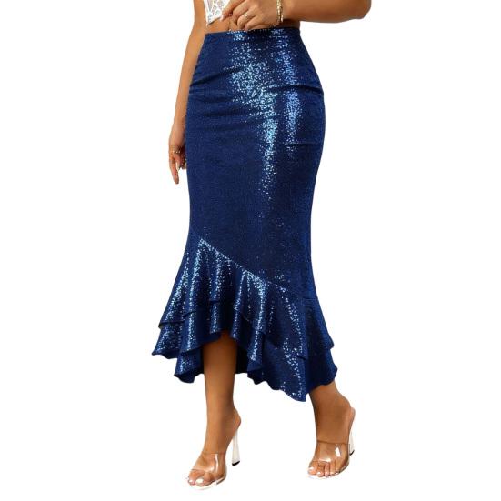 Damen Midi Rock Sexy Hüftbetontes Design Hüftbedeckend Einfarbiger Party Rock Glitzer Niedrige Taille Rüschensaum Fishtail Rock Tägliche Kleidung