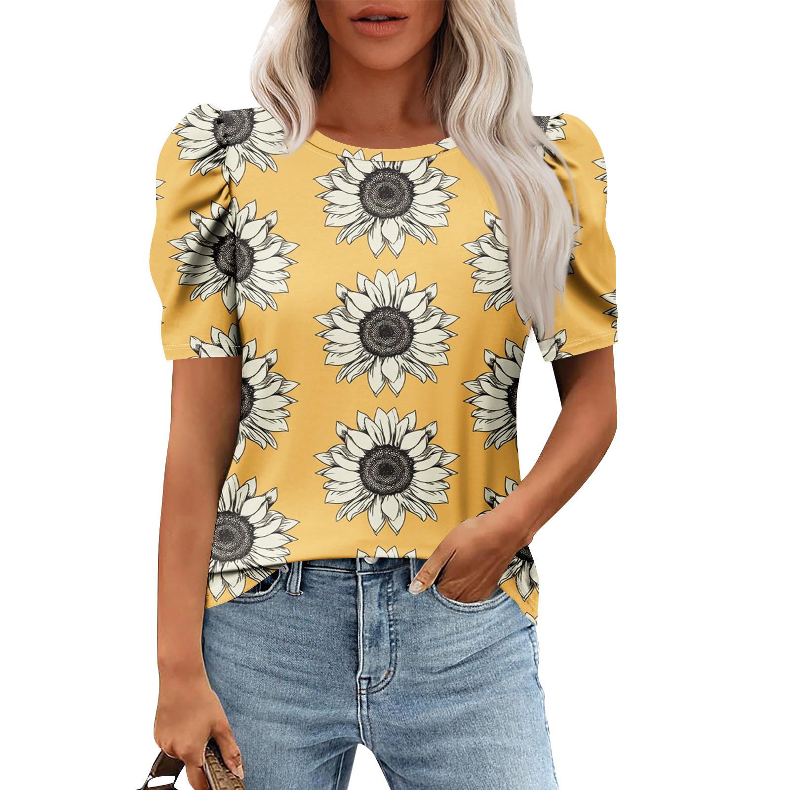 

Жіночі повсякденні пухові топи з короткими рукавами Модні туніки з круглим вирізом Літній одяг XL жовтий