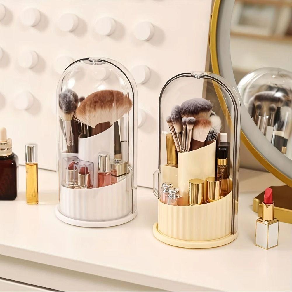 360° Rotating Makeup Brush Holder Large Capacity Dustproof Makeup Brush Storage Bucket with Lid Clear Cosmetic Organizer Desktop