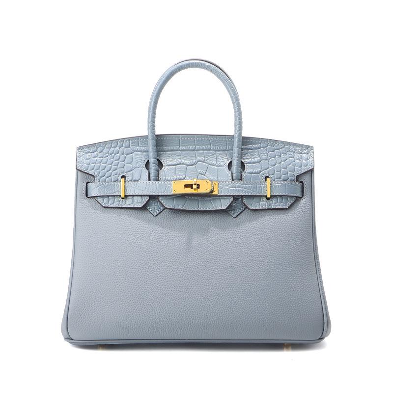 Sac à Bandoulière en Cuir de Vachette Motif Crocodile, Grand Sac à Main Rétro Style Kelly pour Femmes