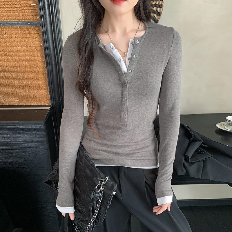 Women S Long Sleeve Fake Two Piece Henry Collar Slim Fit T Shirt