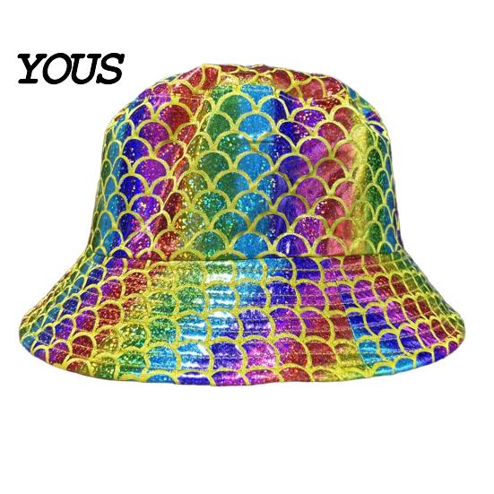 Bucket Hat Shiny Fabric Hat, Rainproof Reflective Party Colorful Fish Scale Pattern Sun Protection Fisherman for Festivals And Travel Quick-dry