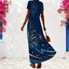Women Plus Size V Neck Short Sleeve Firework Printed Navy Blue Long Dress