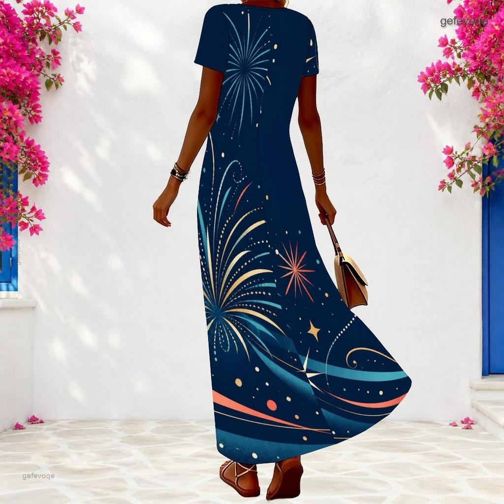 Women Plus Size V Neck Short Sleeve Firework Printed Navy Blue Long Dress