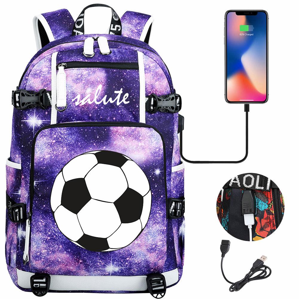 Soccer Print College Student Backpack with USB Charging Port Large Capacity Back To School Bags Women Men Laptop Travel Mochila