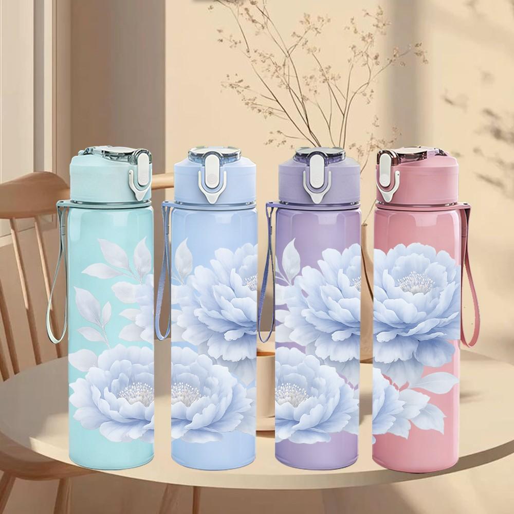 1PC White Rose Soft Floral Art Print 750ml Color Plastic Sports Water Bottle Leakproof Flip Straw Lid Suitable for Sports Office Home Use