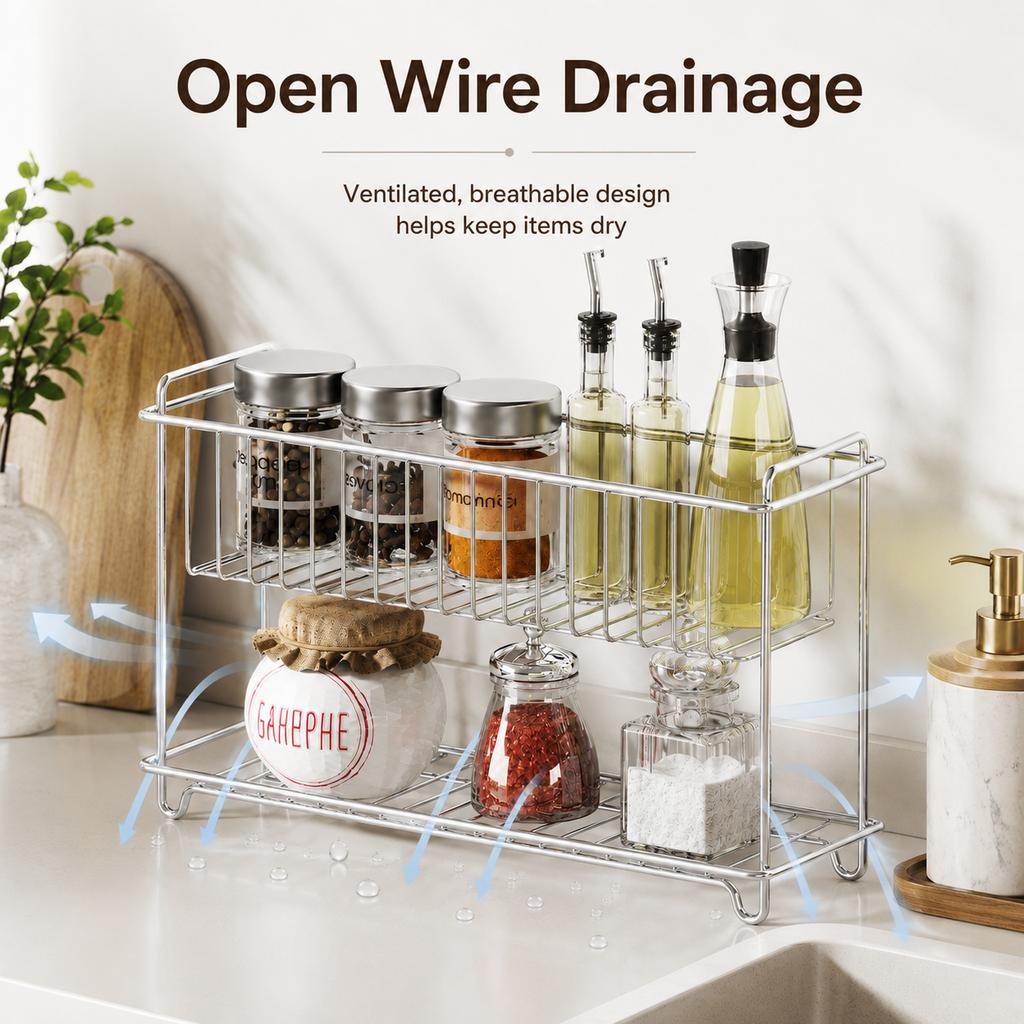 Double Layer Stainless Steel Kitchen Dish Drying Rack Countertop Storage Basket Bathroom Cosmetic Organizer