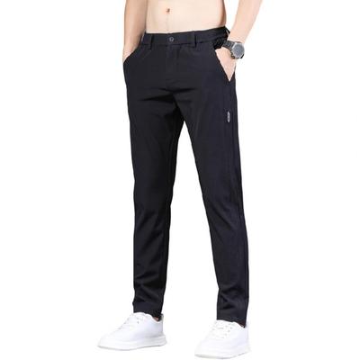 Men Pants Ice Silk Elastic Waist Solid Color Button Zipper Closure Slim Fit Thin Ankle Length Sport Trousers Daily Casual Long T