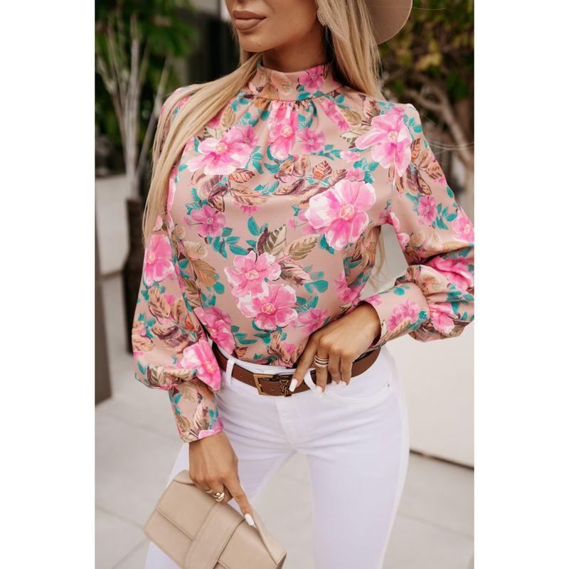 

Fashion Fashion Retro French Stand Collar Satin Shirt Elegant Tied Bows Print Fancy Early Spring Shirt Khaki Base Powder Flower S