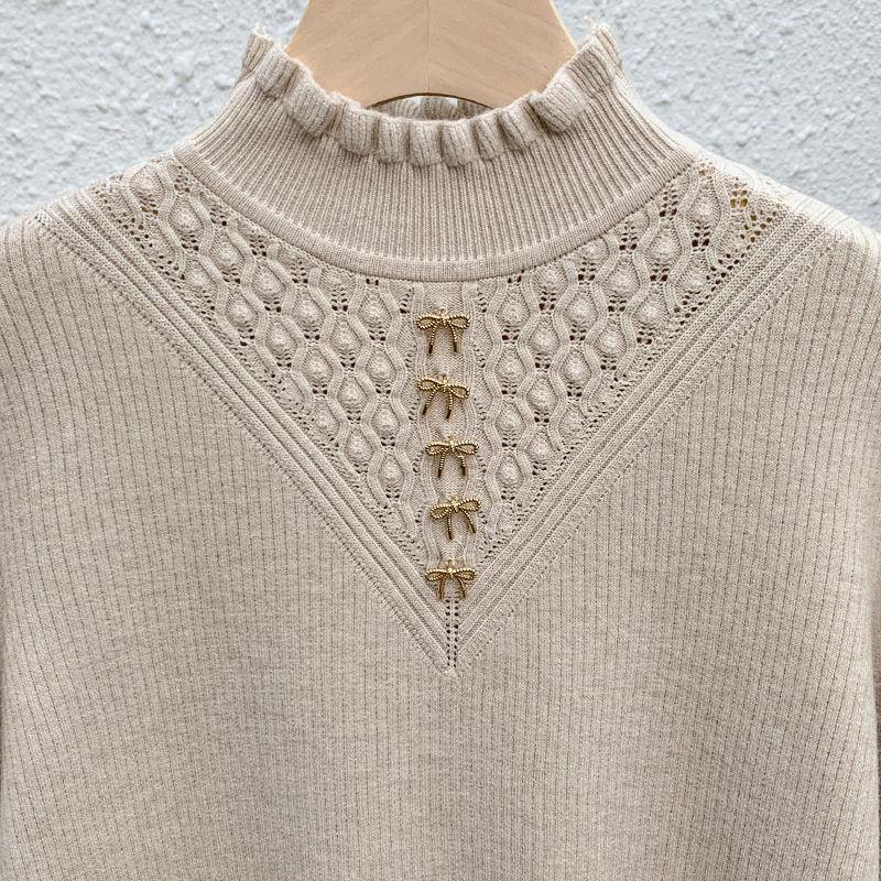 Eldelad fleece-tröja med halvhög krage för dam, fleeceförtjockad pullover, enfärgad långärmad avslappnad stickad tröja för höst och vinter