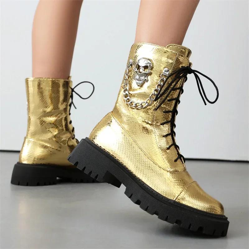 Winter Women Ankle Boots Silver Gold Glitter PU Mid Thick Heels British Casual Party Ladies Lace-up Punk Skull Chain Short Boots