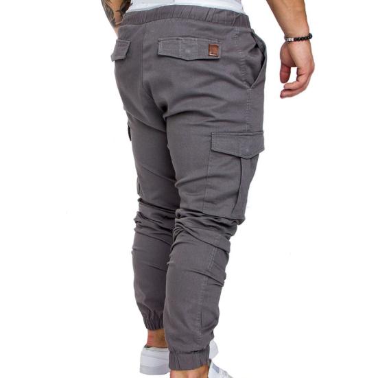 Men Casual Solid Color Pockets Waist Drawstring Ankle Tied Skinny Cargo Pants