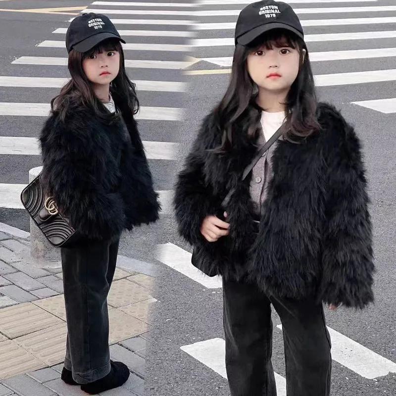 Autumn Winter Children's Fur Coat Girls Versatile Baby Solid Color Round Neck Fur Top Round Collar