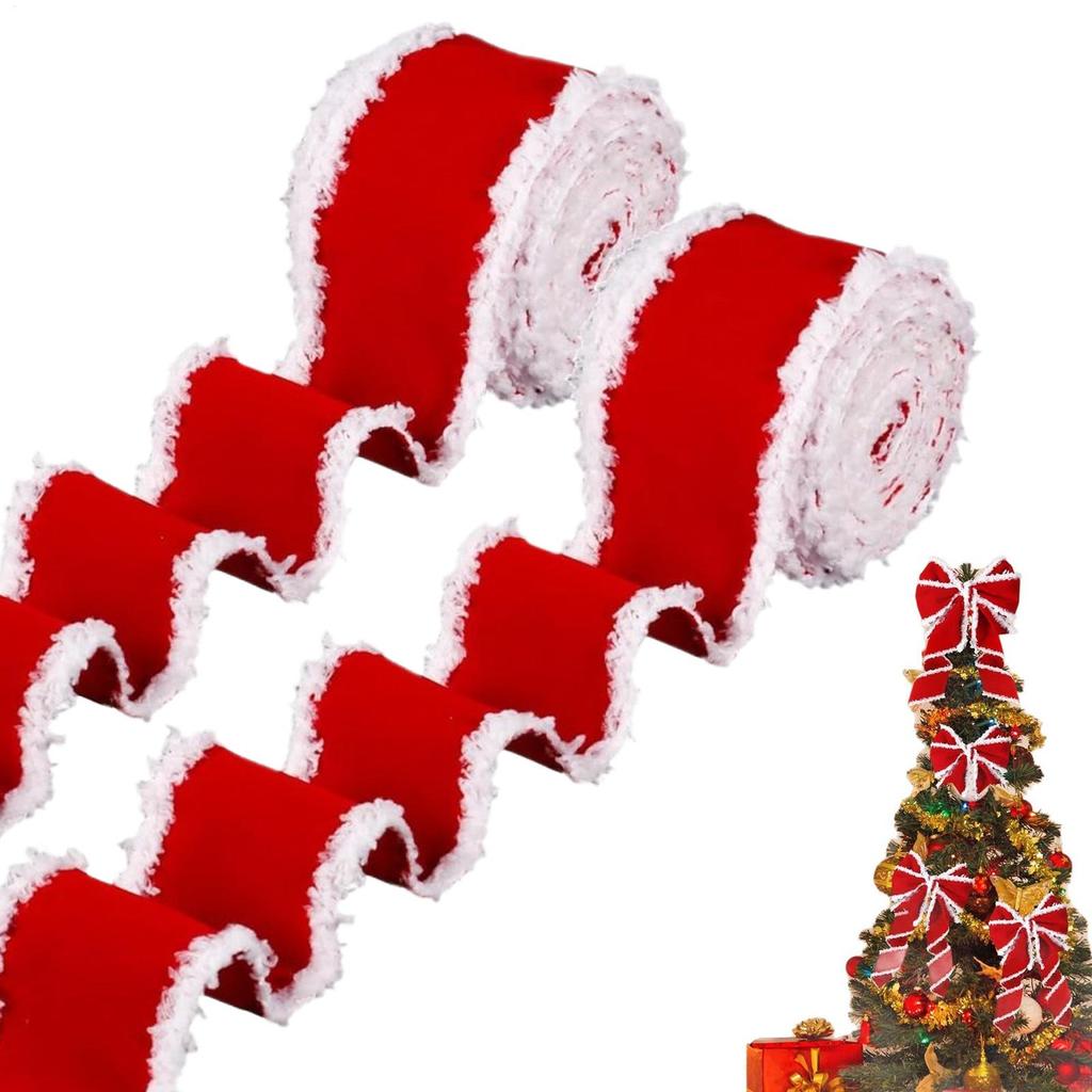 2 Roll Christmas RedVelvet Ribbon With White Tassel Edge DIY Bow Tie Wreath For Christmas Halloween Thanksgiving New Year