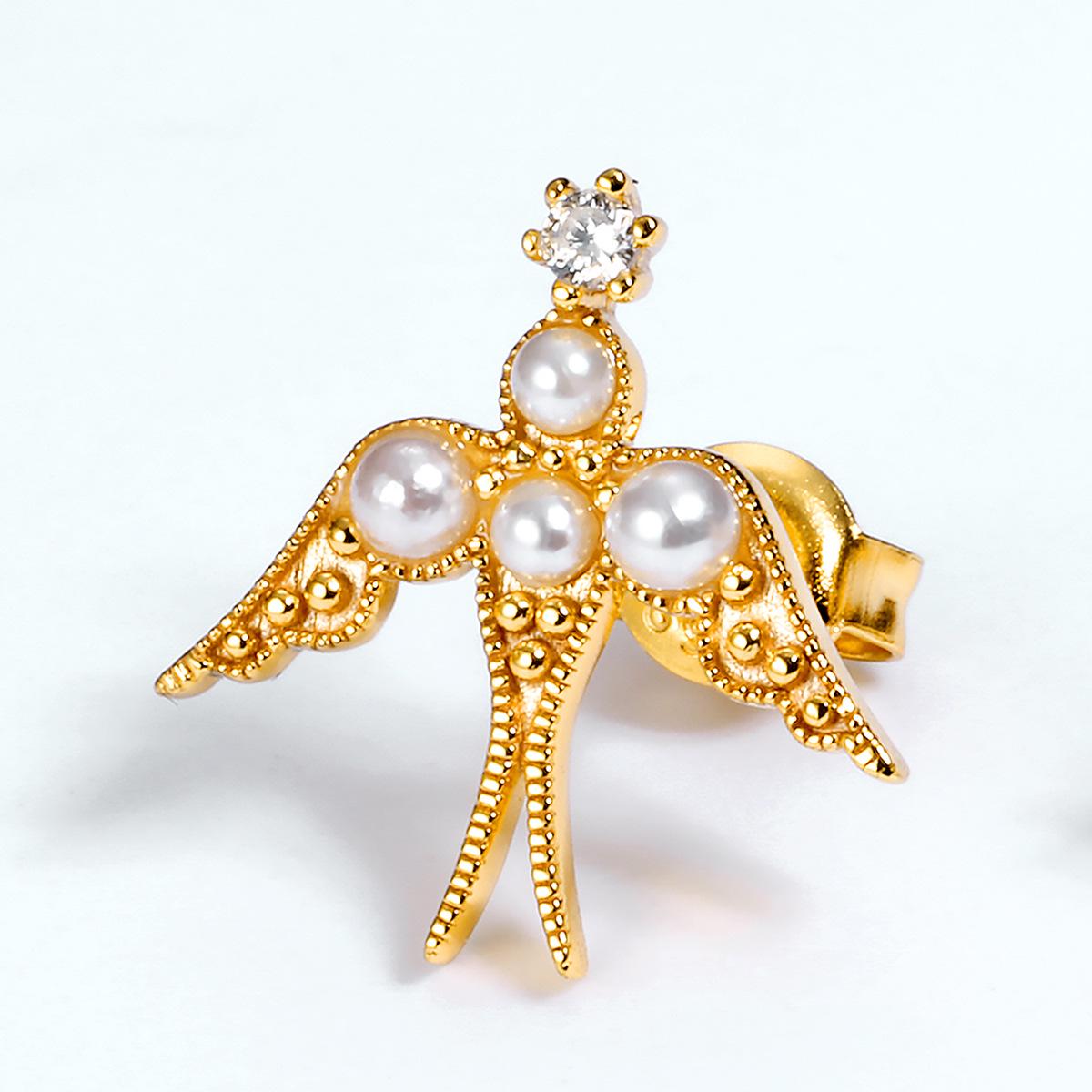 

Elegant Chinese-Style Luxury Swallow Stud Earrings in S925 Silver with Gold-Plated Pearl Accents 925 Silver