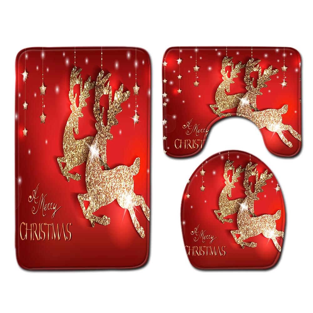 Christmas Shower Curtain Toilet Four-Piece Floor Mat Bathroom Absorbent Non-Slip Door Mat Carpet Bathroom Absorbent Foot Mat
