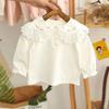 Girls Long Sleeve Cotton T-Shirt With Floral Embroidery Ruffled Collar Toddlers 3-8 Years