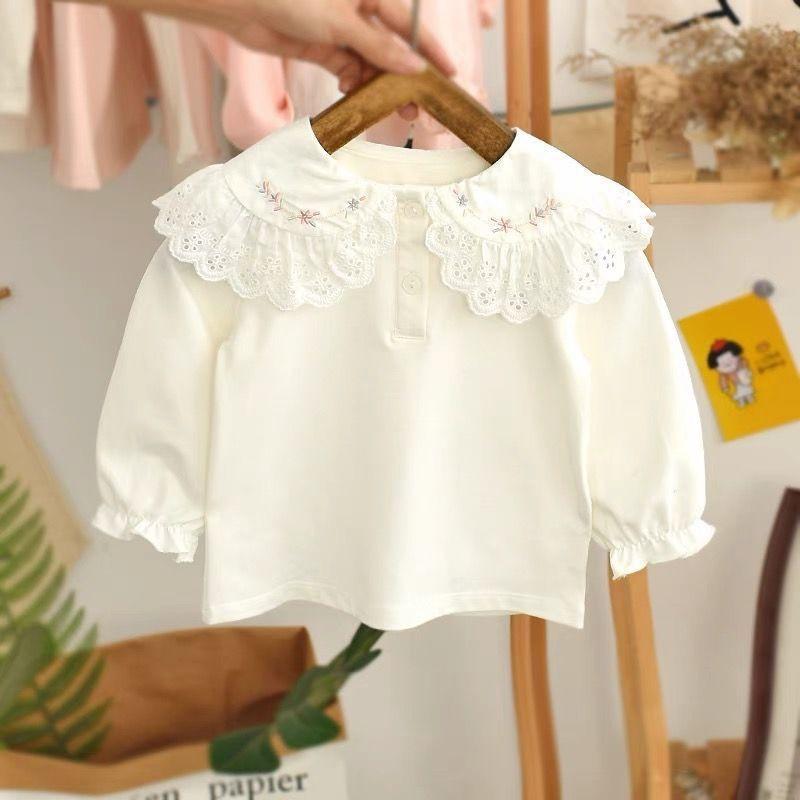 Girls Long Sleeve Cotton T-Shirt With Floral Embroidery Ruffled Collar Toddlers 3-8 Years