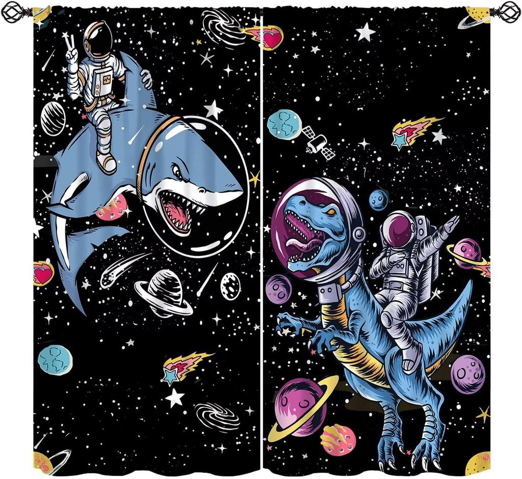 Cartoon Space Universe Curtains,Solar System Planet Rocket Spacecraft Print Decor Rod Pocket Window Treatments For Kids Girls