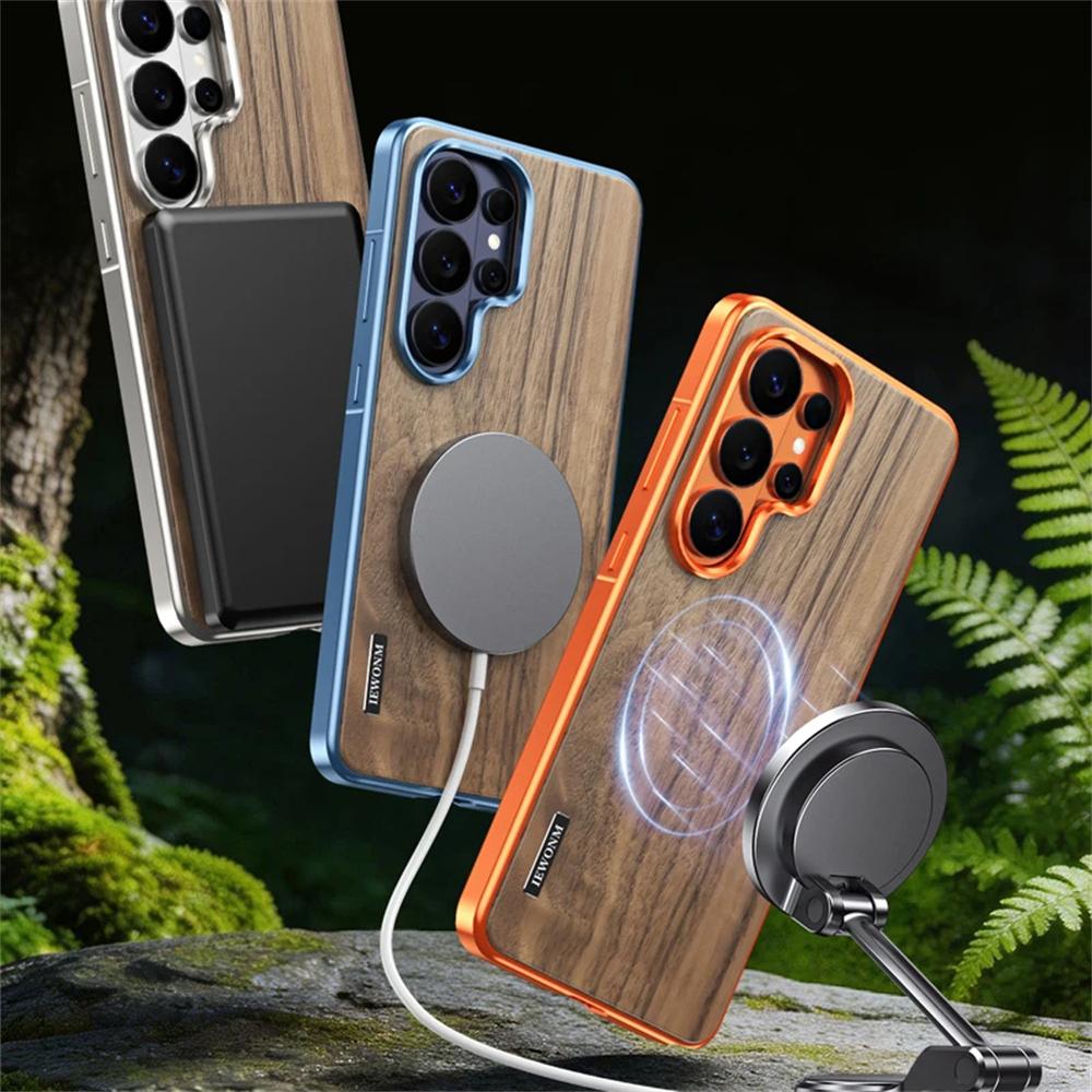 Luxury Alloy Solid Wood Back Panel Hybrid Phone Case For Samsung Galaxy S26 S25 S24 Ultra Aluminum Alloy For Magsafe Wireless Charging Cover