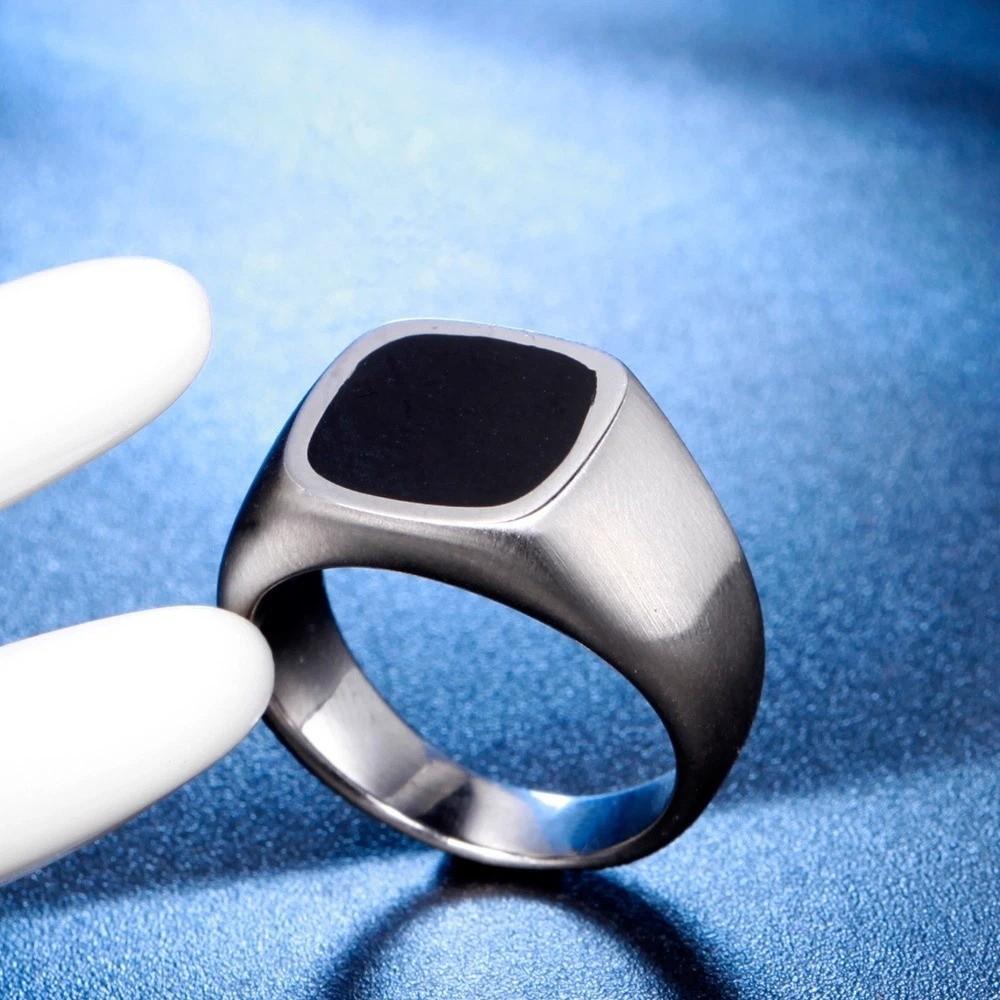 Square Retro Black Rings Silver Black Glass Stone Rings Black Stone Square Ring Funerals