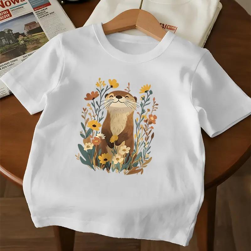 Girls Cartoon Otter Print Crewneck Short Sleeve Tee, Soft Breathable Daily Casual Top