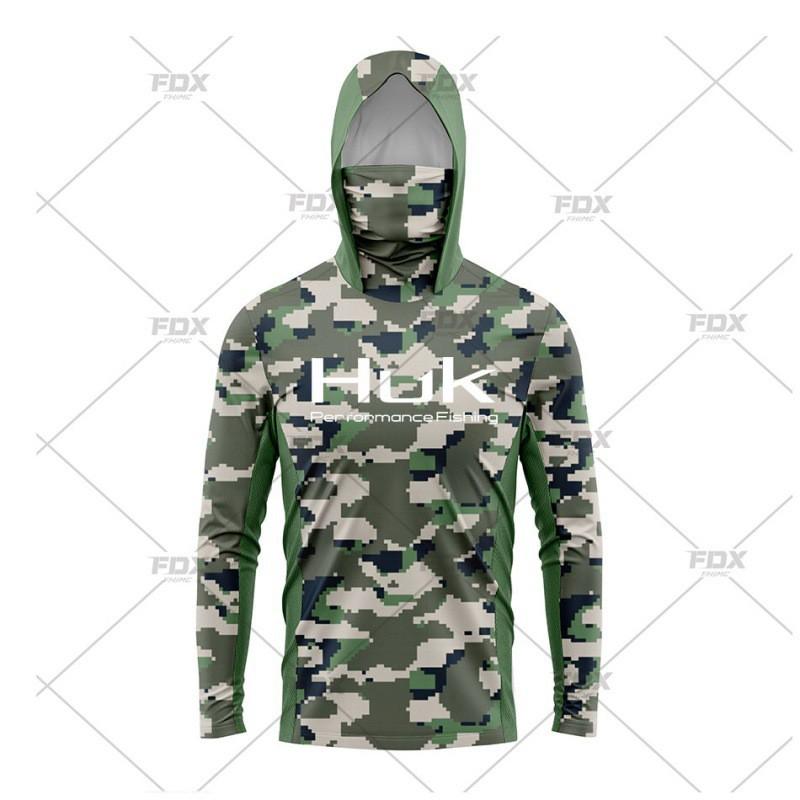 Mens Quick-Dry Fishing Shirt With Hood Neck Cover UPF50 Sun Protection Lightweight Long Sleeve T-Shirt