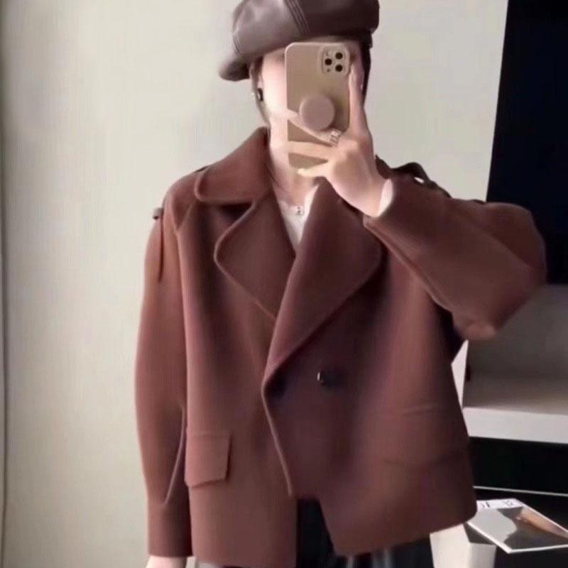 

Кардиган, пальто, осенне-зимнее вязаное двустороннее шерстяное пальто с воротником, женское корейское шерстяное пальто-кардиган, женское One Size красно-коричневый