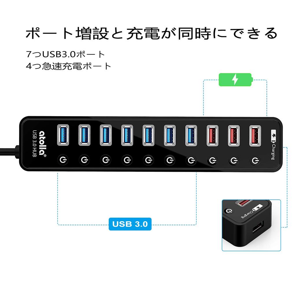 Hub with Power Atolla 7 Port 5Gbps High Speed USB Hub Expansion 4 Charging Ports USB Hub with Independent Switch 48W Power Supply USB3.0 Supply, 3.0 +