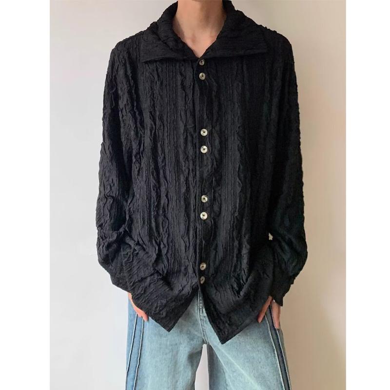 Men's French Style Vintage Pleated High Collar Button Up Shirt Spring Autumn Harajuku Solid Long Sleeve Loose