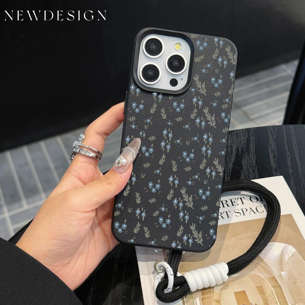 INS Small Blue Cute Flower Phone Chain Lanyard Case For iPhone 17 16 15 14 13 12 Pro Max 11 Plus Shockproof Lichee Pattern Cover