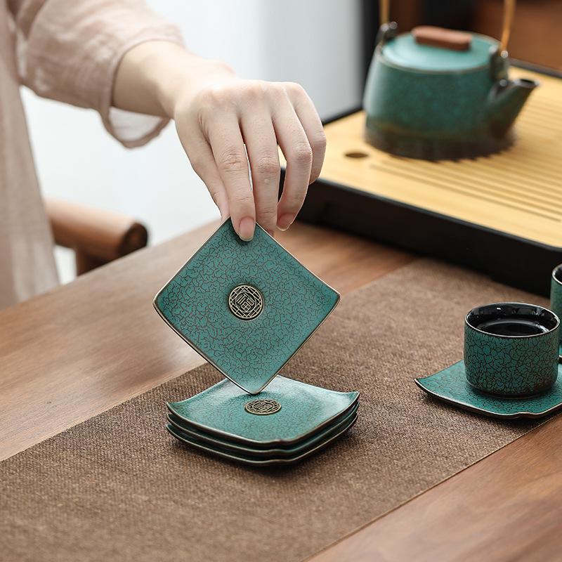 Peacock Green Glazed Ceramic Gongfu Teacup Saucer Coaster - Creative Heat-Insulating Pottery Mat for Tea Ceremony Accessories