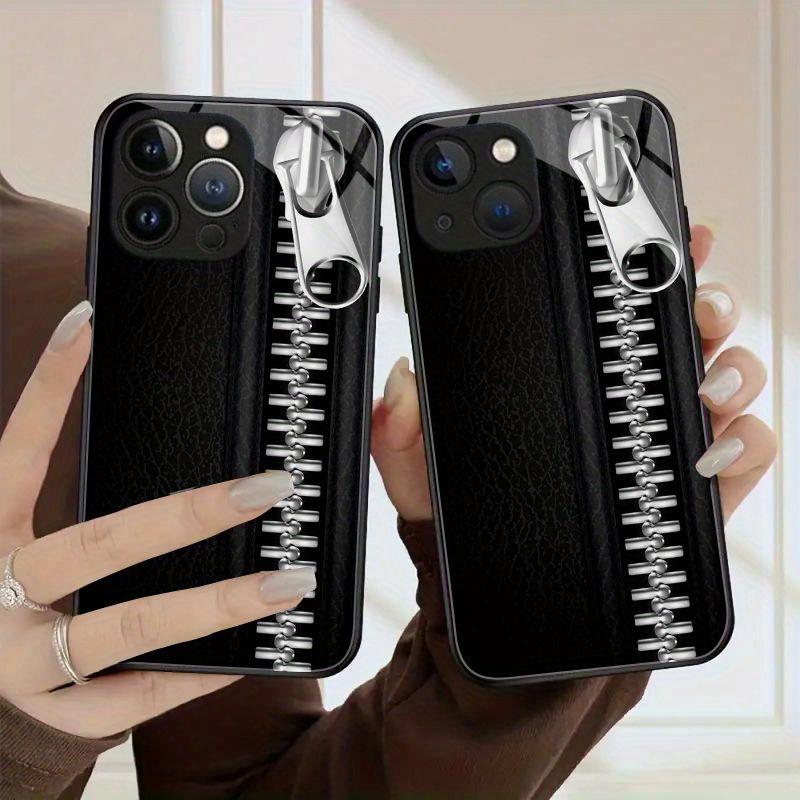 Cool Zipper Print Black Leather Texture Phone Case for iPhone 17 16 16ProMax 15 14 13 12ProMax 11 11Pro Anti-drop protection