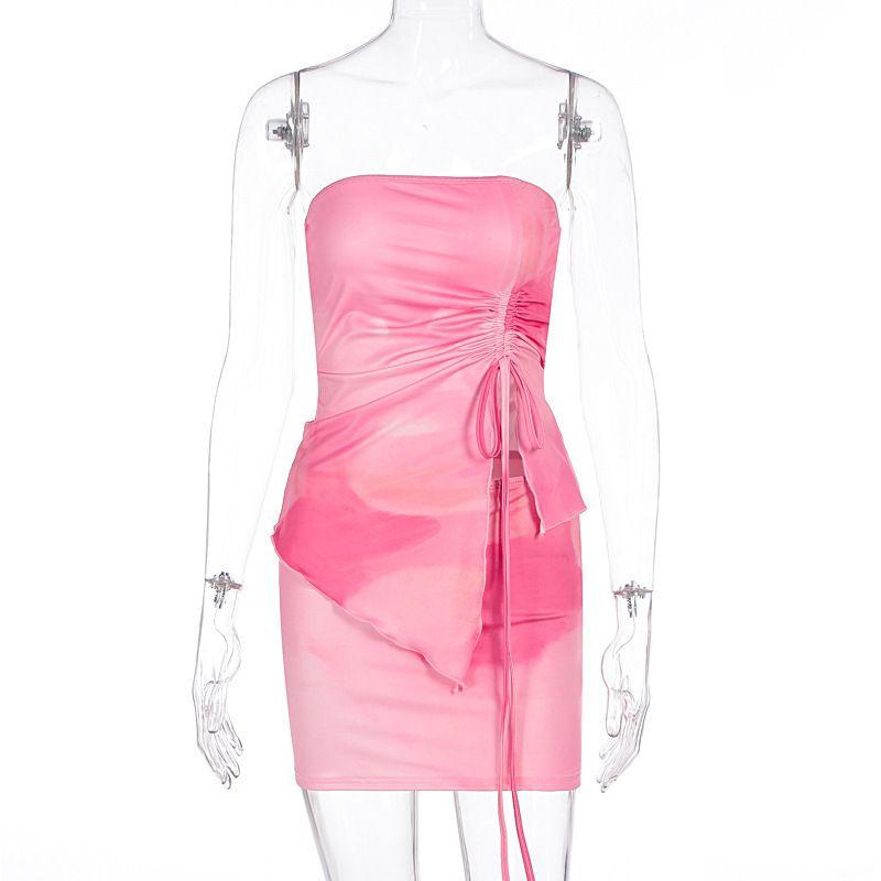 

Vacation Style Cross-Border Summer New Arrival Women s Clothing Tube Top Backless Pleating Breathable Cool Fashion Sexy Mid-Length Dress Set Women Pink L