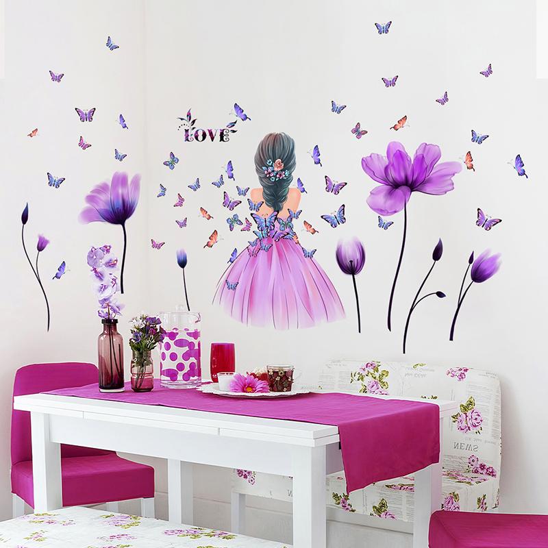 Flower Fairy Purple Colorful Flower Butterfly Home Decal Wall Decal Girl Bedroom DIY Children'S Room Kindergarten Party Mural