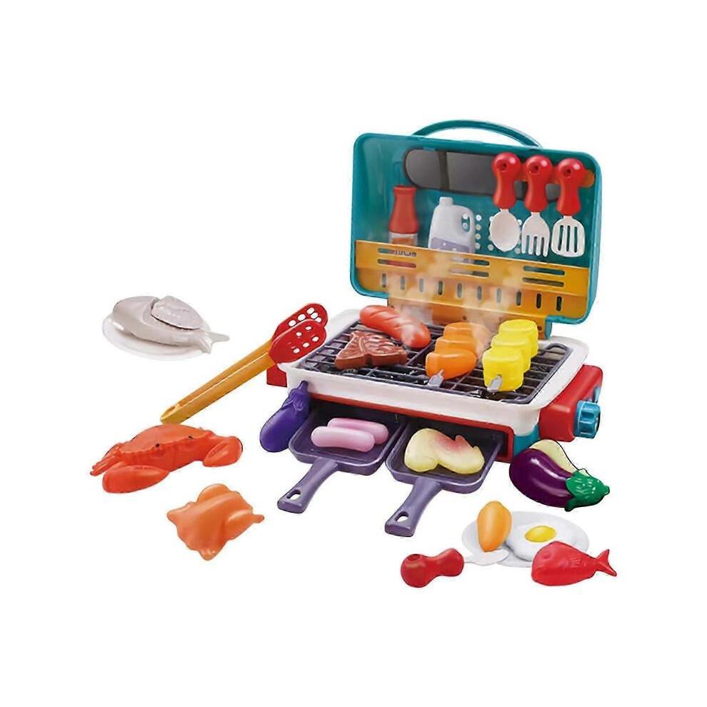 (Green) Pink Magnetic Tiles Children's Barbecue Rack Toy Kitchen Cooking Realistic Spray Light Sound Color Changing Game Food Set