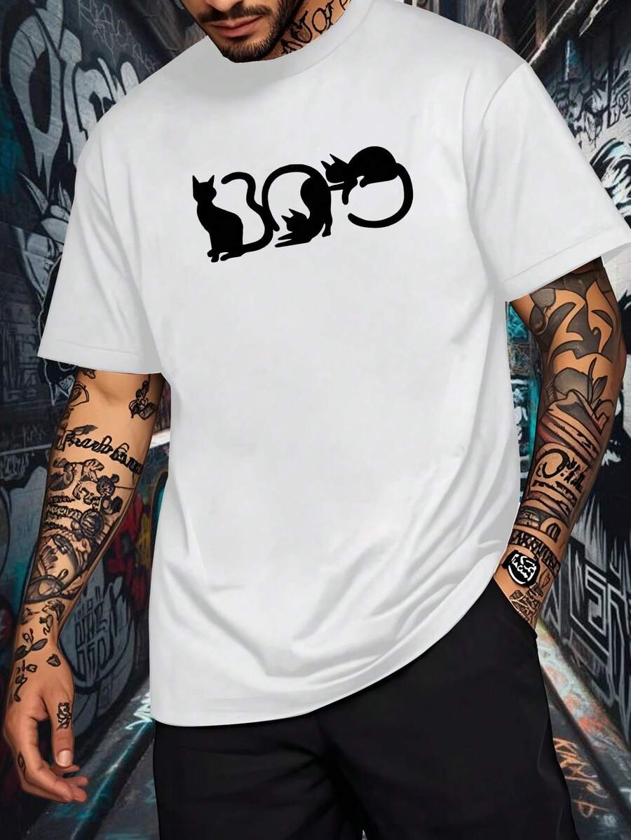 

Black And White Cat Pattern Solid Color Round Neck Unisex s T-Shirt S