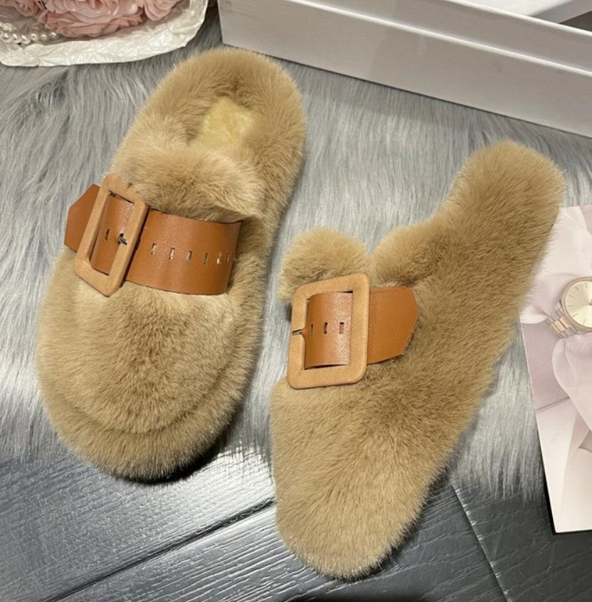 Shoes Woman Brand Slippers Casual Cover Toe Fur Flip Flops Flock Platform Pantofle Luxury Plush Flat New Slides with Fur Rubb