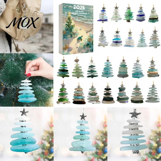 Coastal Theme Christmas Ornaments 2026 Sea Glass Style Countdown Calendar Blind Box, 24Pcs Acrylic Flat Pendant Set Tree Hanging Ornaments,