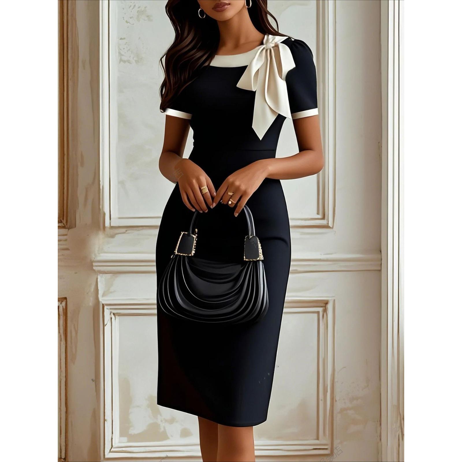 

Crew Neck Bow Contrasting Color Slim Dress Splicing Socialite Party Banquet Dress S чорний