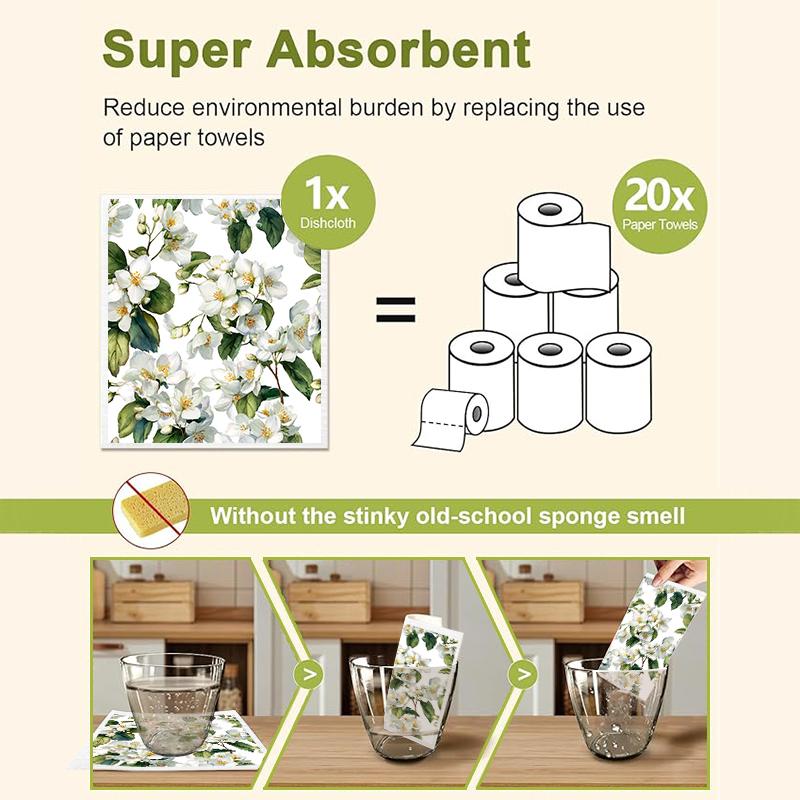 6PCS Flowers Print Swedish Dishcloths Eco-Friendly Kitchen Rags Absorbent Dish Towels Reusable Washable Cleaning Cloth