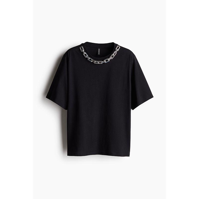 

HM Fall Women s Clothing Fashion Casual Casual round Neck Cotton Loose Plaid Pattern T-shirt 1275413 Black 155/80