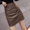 2024 Autumn/Winter Plus Size High Waist Pleated Leather A-line Midi Skirt - Women's Fashion Slimming Irregular Hip-hugging Design