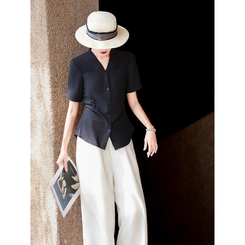 Women's Elegant V-Neck Patchwork Short Sleeve Blouse