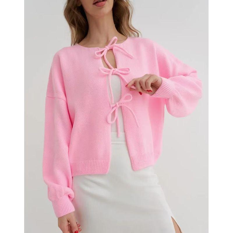 

Fashion Wind New Arrival Fashion Elegant Knitting Long Sleeves Shoelace Sweater Top Tie up Knitted Sweater Pink L