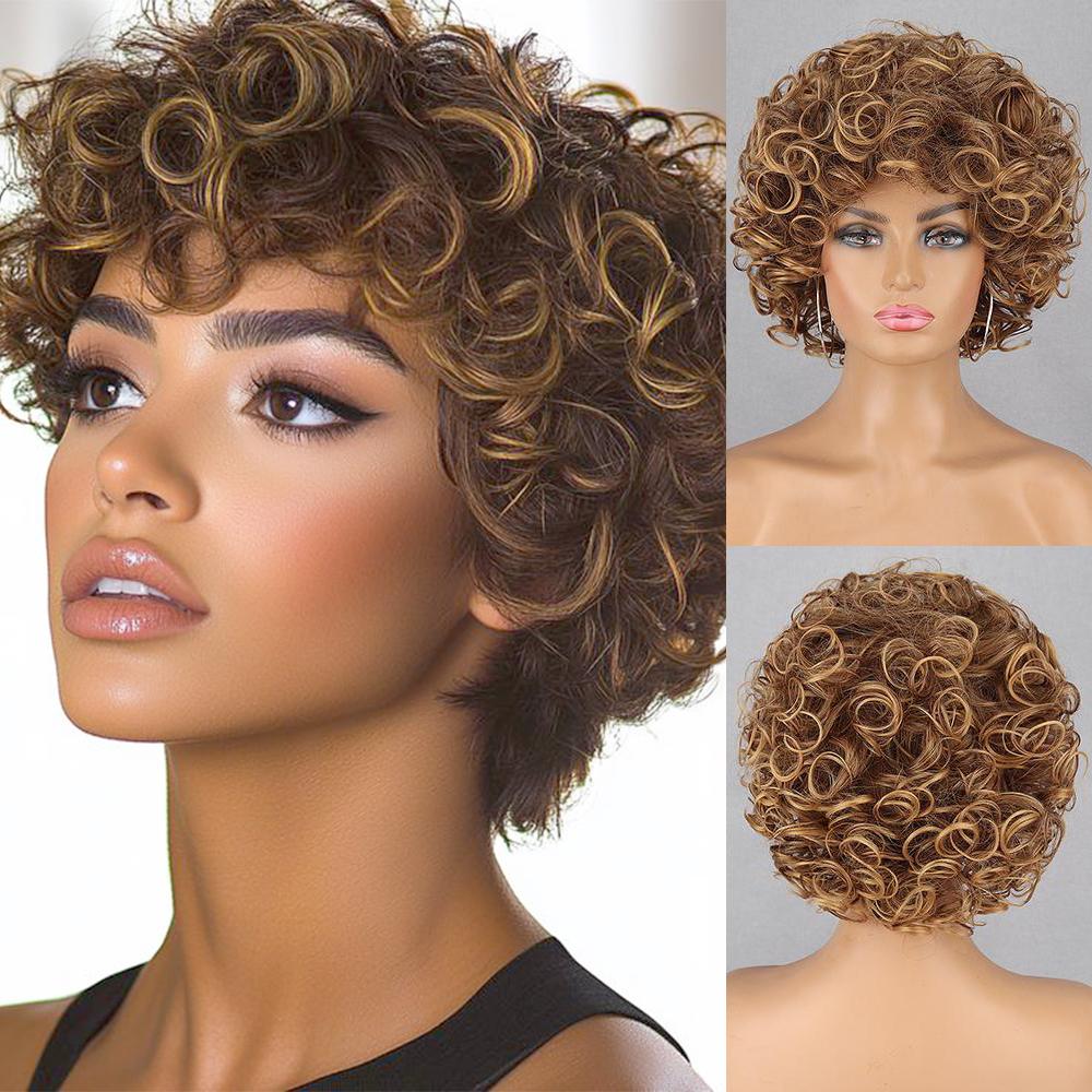 XINRAN Flauschige Perücken, synthetische, kurze, lockige Perücke, große Rollenverlängerung, große, kurze, lockige, flexible, weiche, natürliche, volle Bob-Perücken für Frauen, Cosplay, Alltag