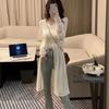 Elegant V-neck Hollow Knitted Long Sweater Dress Women Fashion High Split Spring Summer Casual Simple Solid  Sunscreen Thin Blouse See Through Dresses